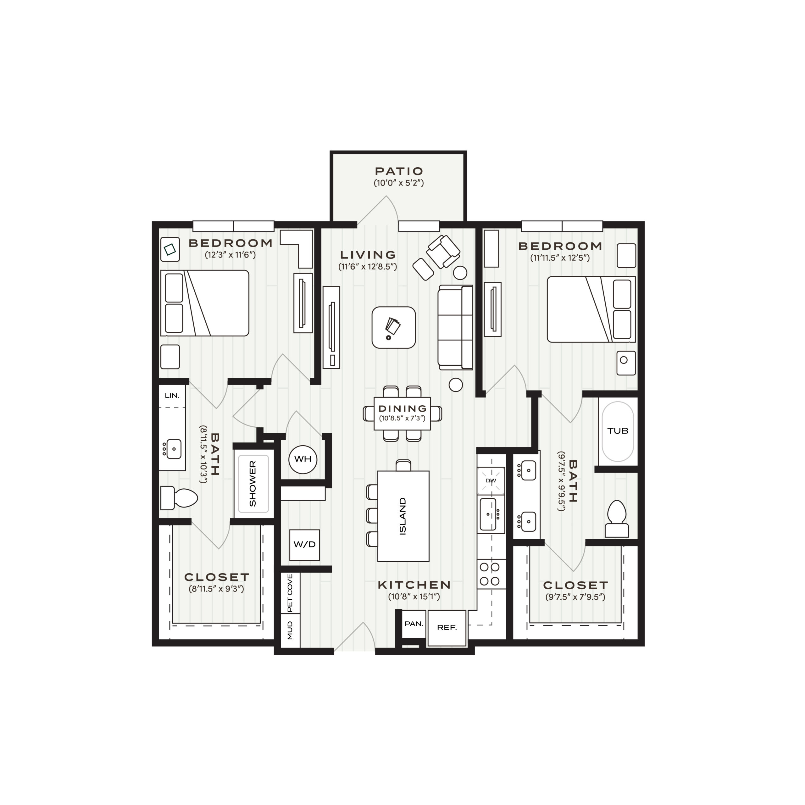 Rendering of the B1-HA floor plan with 2 bedroom[s] and 2 bathroom[s] at Soltra Bear Creek