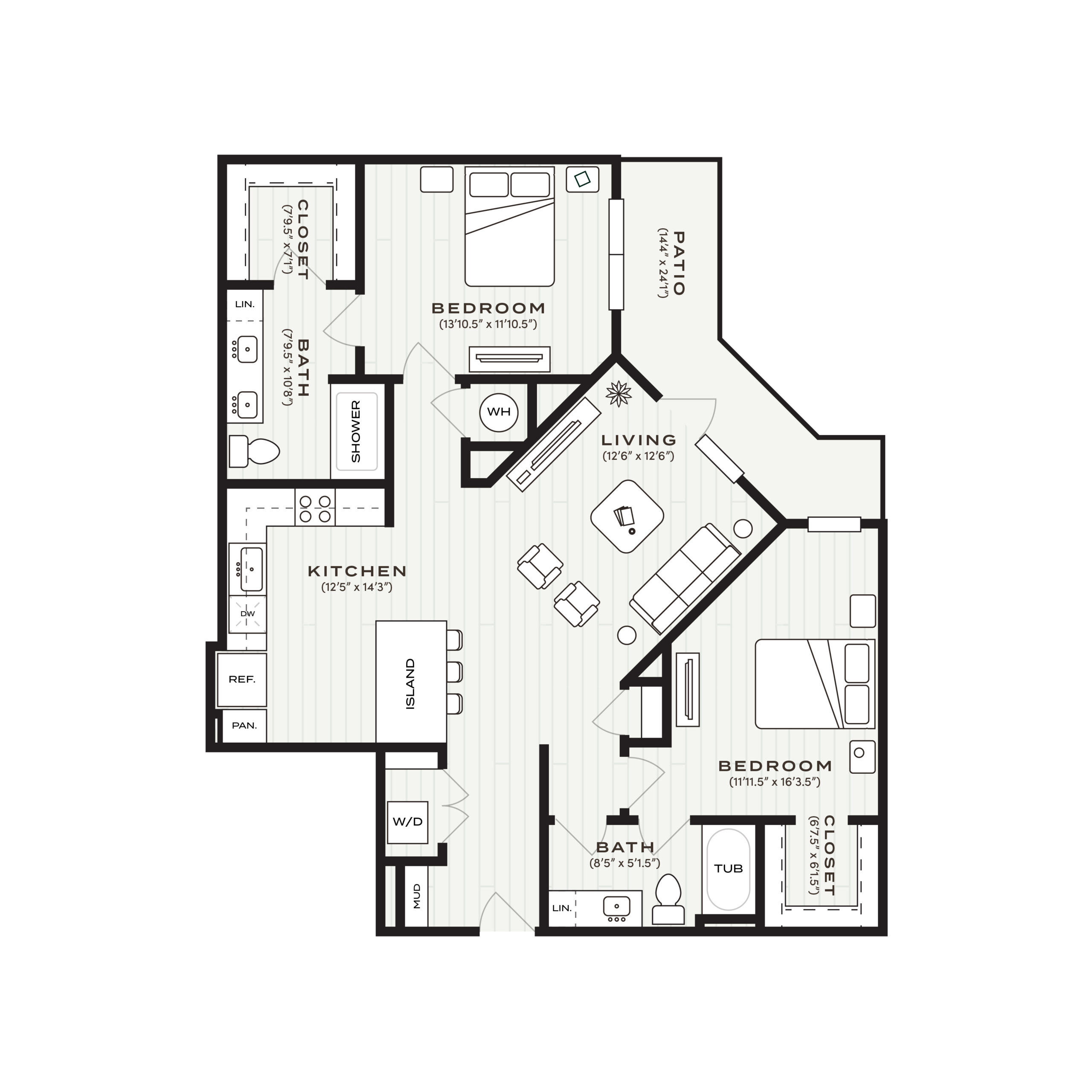 Rendering of the B3.1 floor plan with 2 bedroom[s] and 2 bathroom[s] at Soltra Bear Creek