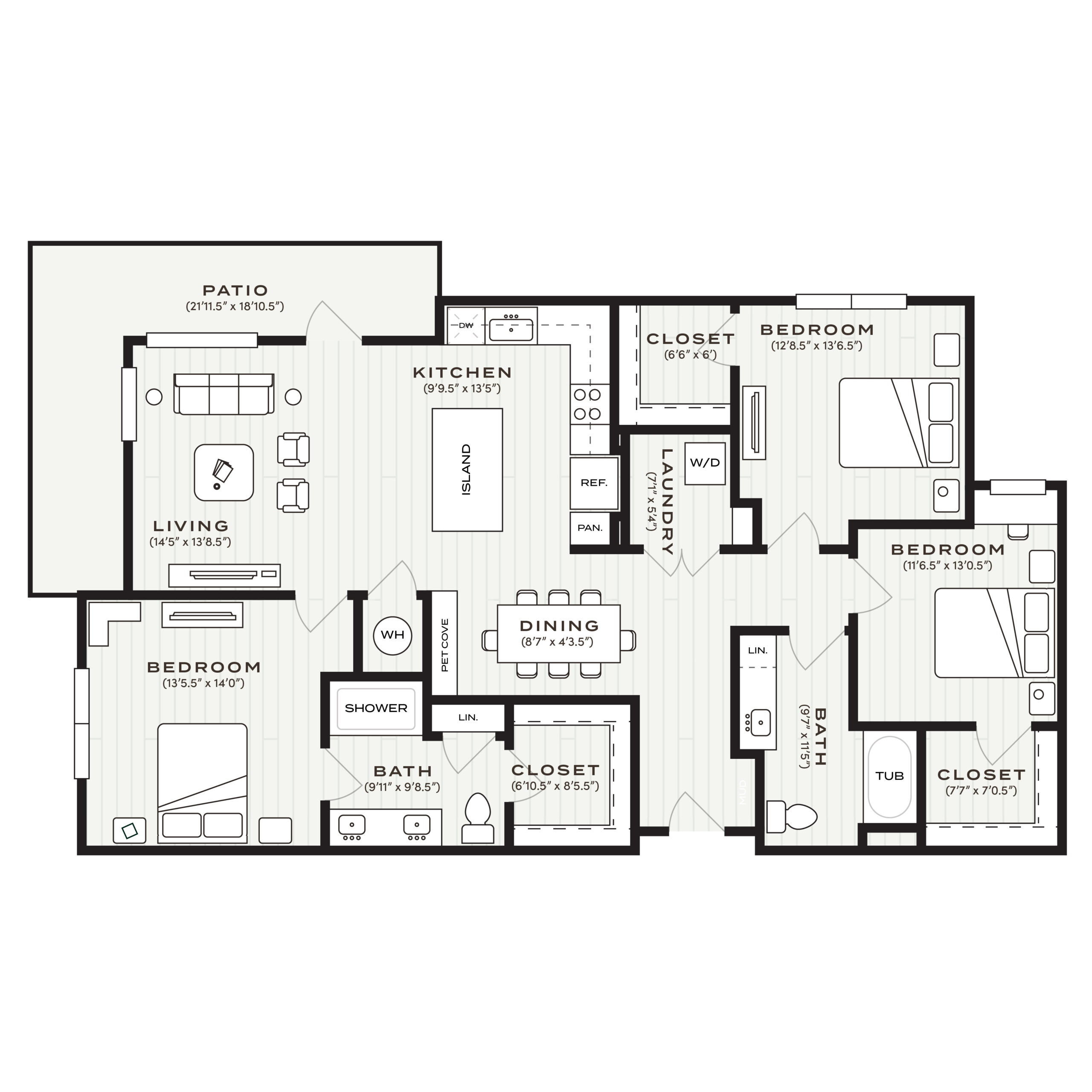Rendering of the C1-HA floor plan with 3 bedroom[s] and 2 bathroom[s] at Soltra Bear Creek