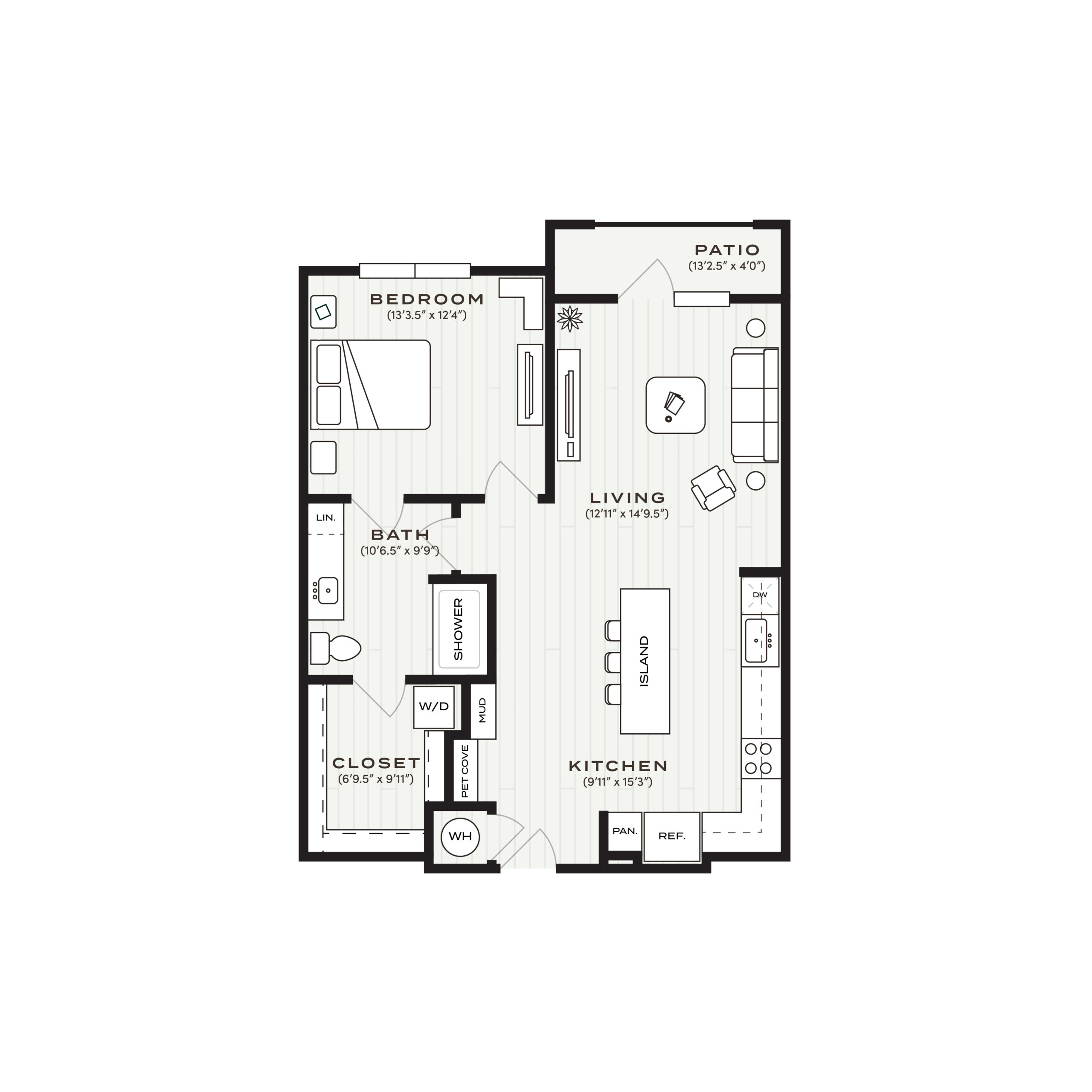 Rendering of the A4 floor plan with 1 bedroom[s] and 1 bathroom[s] at Soltra Bear Creek