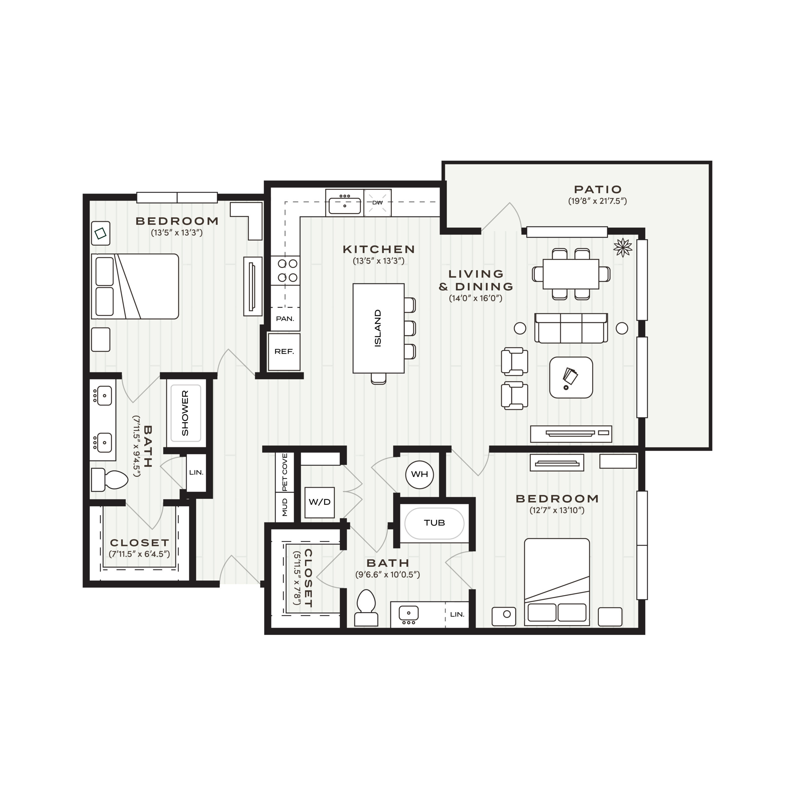 Rendering of the B2.1 floor plan with 2 bedroom[s] and 2 bathroom[s] at Soltra Bear Creek