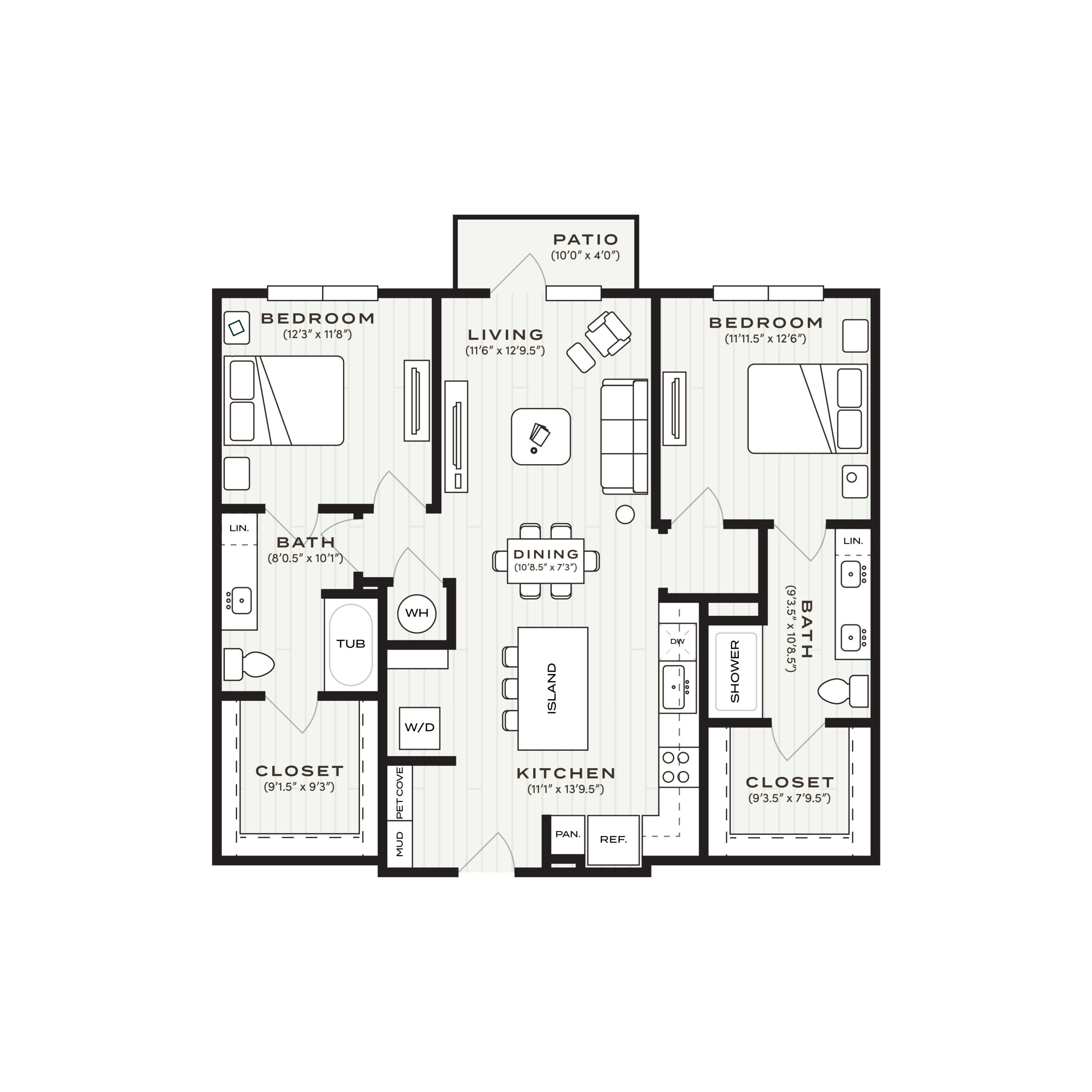 Rendering of the B1 floor plan with 2 bedroom[s] and 2 bathroom[s] at Soltra Bear Creek