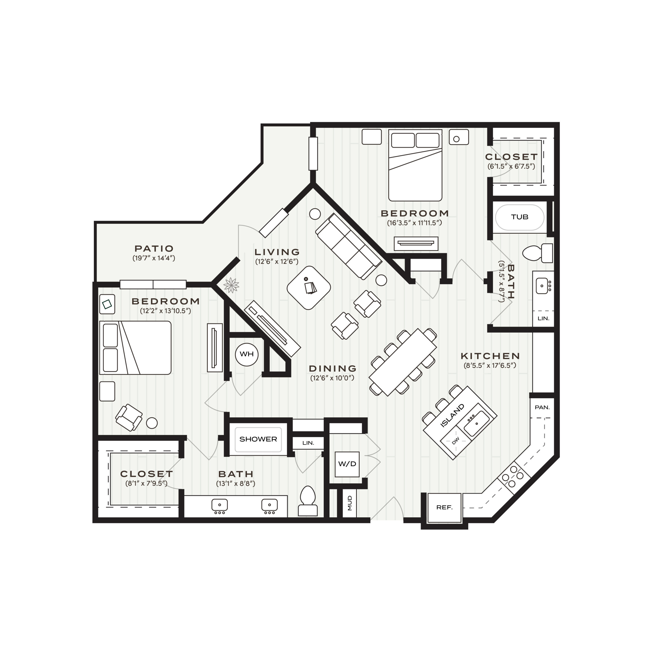 Rendering of the B3 floor plan with 2 bedroom[s] and 2 bathroom[s] at Soltra Bear Creek