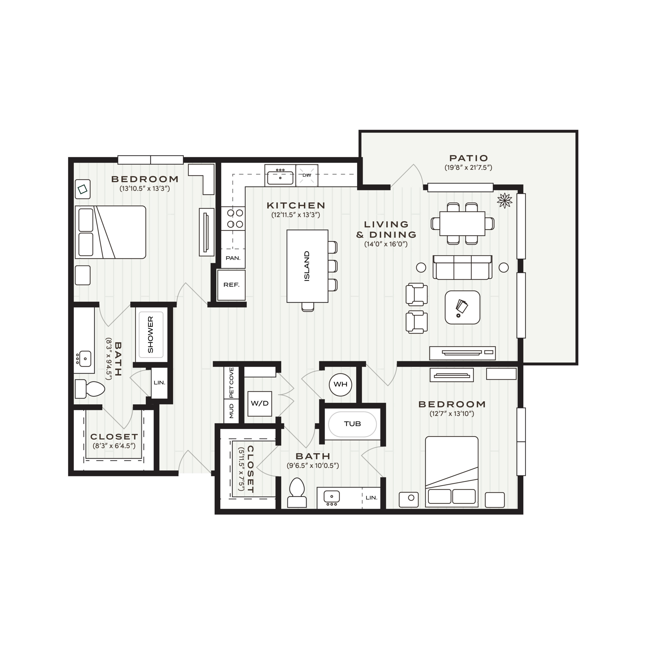 Rendering of the B2 floor plan with 2 bedroom[s] and 2 bathroom[s] at Soltra Bear Creek
